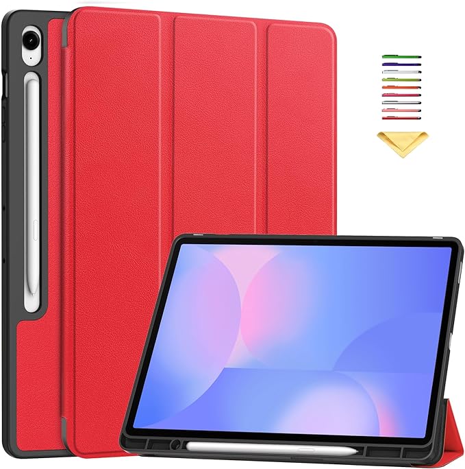 Case for Samsumg Galaxy Tab S10 FE+/S10 FE Plus 13.1 Inch 2025 (Model: SM-X620/SM-X626B) Trifold Stand Smart Cover with S Pen Holder [Auto Wake/Sleep] PU Leather Soft TPU Bumper Shell Red