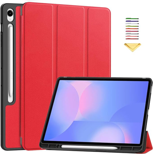 Case for Samsumg Galaxy Tab S10 FE+/S10 FE Plus 13.1 Inch 2025 (Model: SM-X620/SM-X626B) Trifold Stand Smart Cover with S Pen Holder [Auto Wake/Sleep] PU Leather Soft TPU Bumper Shell Red