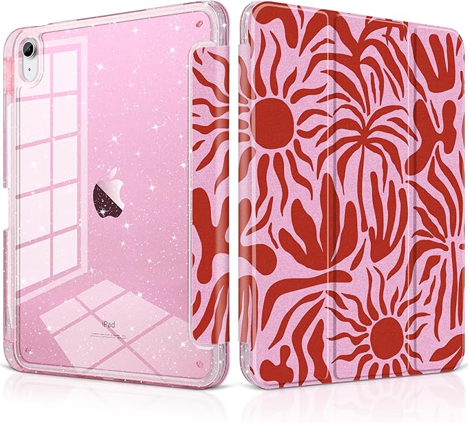MEEgoodo Case for iPad A16 11th Generation 2025/10th Generation 2022 Glitter Tablet Cases with Transparent Acrylic Back+Trifold Stand +Pencil Holder+Auto Wake/SleepAbstract Sun &amp Palm Tree