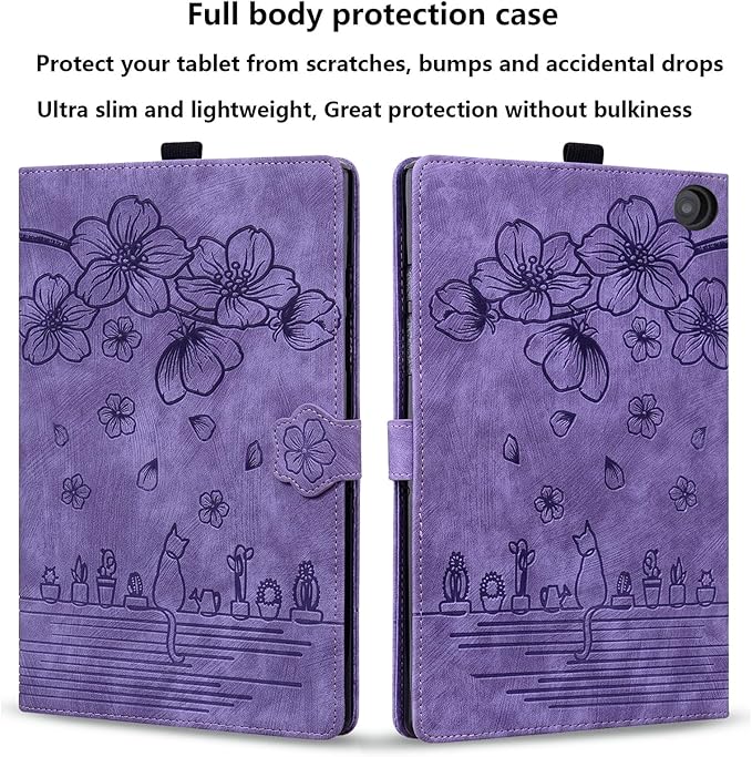 for Amazon Kindle Fire HD 8 &amp Fire HD 8 Plus Case 12th/10th Generation (2024/2022/2020) 8 UUcovers Embossed PU Leather Folio Magneic Cover with Stand/Pencil Holder Cherry Blossom Purple Cat