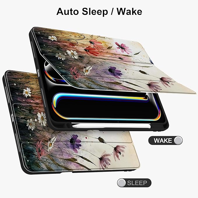 Batianda Case for New iPad Pro 11 inch 2025 M5 2024 M4 Chip [Built-in Pencil Holder] Trifold Stand Shockproof Cover with Clear Transparent Back Shell Soft TPU BumperAuto Sleep/Wake Daisy
