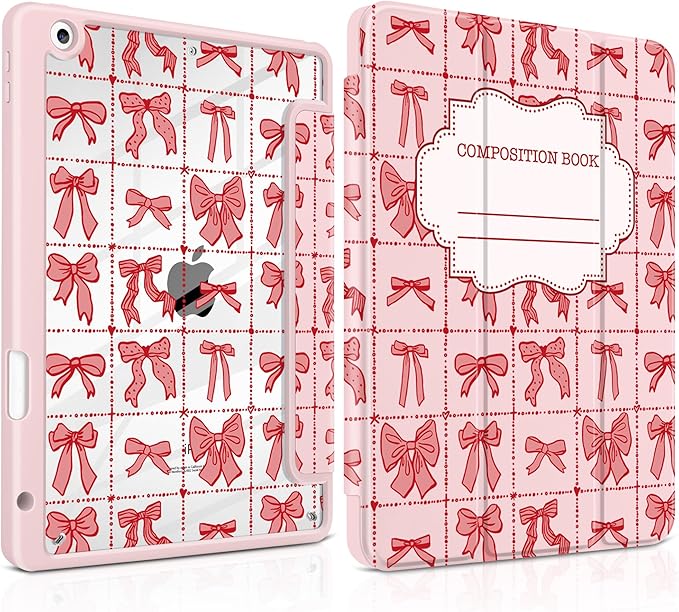 DONGKE for iPad 9th/8th/7th Generation Case 10.2 Inch (2021/2020/2019) [Auto Sleep/Wake &amp Pencil Holder] Clear Acrylic Back Trifold Stand Cover Bow Composition Book