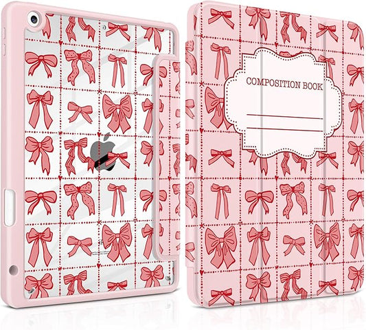 DONGKE for iPad 9th/8th/7th Generation Case 10.2 Inch (2021/2020/2019) [Auto Sleep/Wake &amp Pencil Holder] Clear Acrylic Back Trifold Stand Cover Bow Composition Book