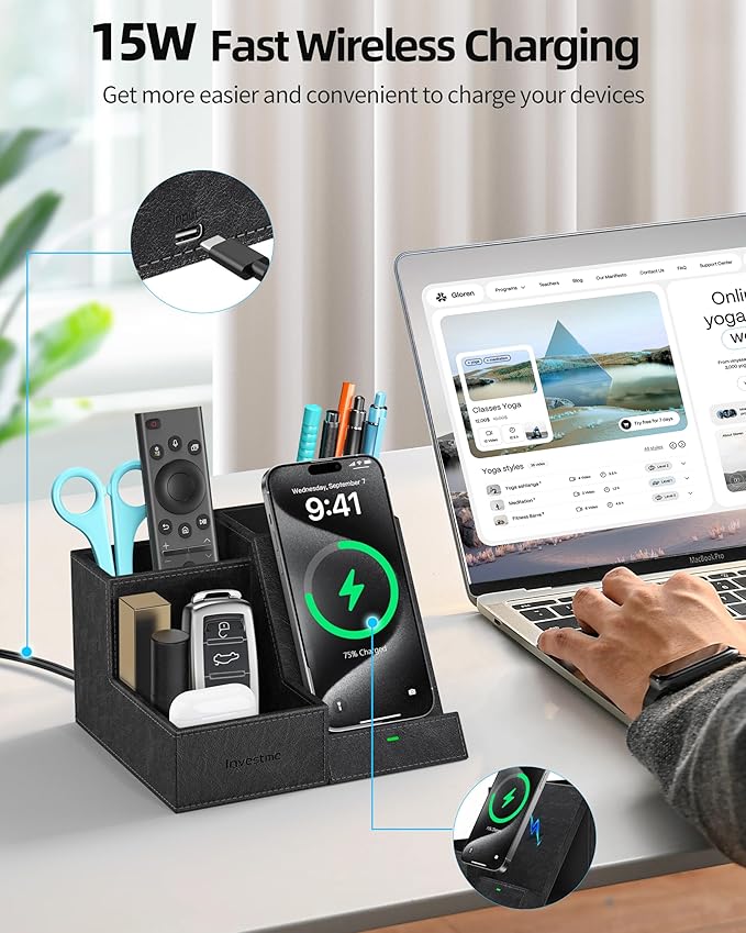 Wireless Charger with Desk Organizer Pen Pencil Holder Multifunctional Desktop Organizer Office Supplies and Desk Accessories Organizer with 3 Compartments and 1 Phone Stand PU Black