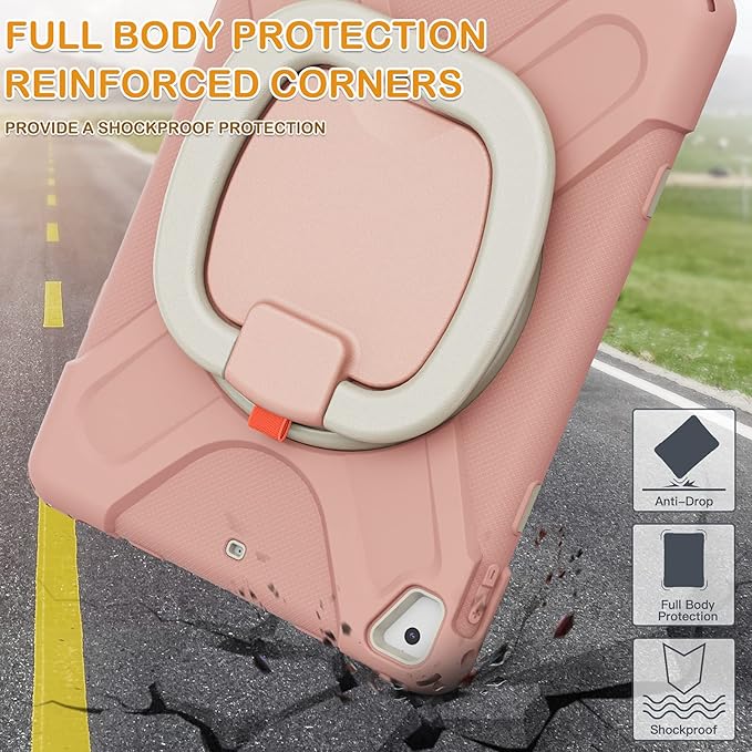BRAECN Kids iPad Case Rugged Silicone Cover with Hand Grip Pencil Holder Shoulder Strap Stable Kickstand for iPad 9.7 inch 2018/2017/2016/2014 Rose Gold