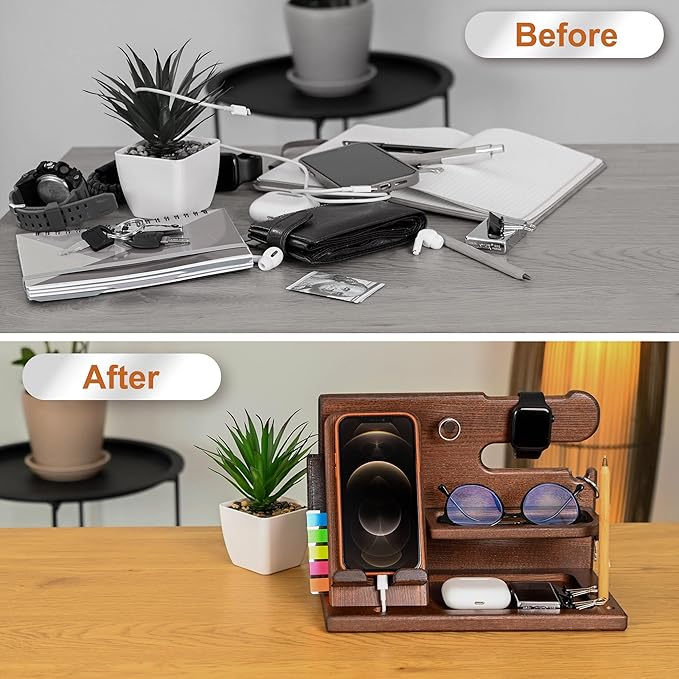 TESLYAR Wood Phone Docking Station for Men - Desk or Nightstand Organizer - Birthday Gifts for Husband Dad - Anniversary Idea from Wife - Key Holder Stand Wallet Watch &amp Essentials (Bourbon Bro