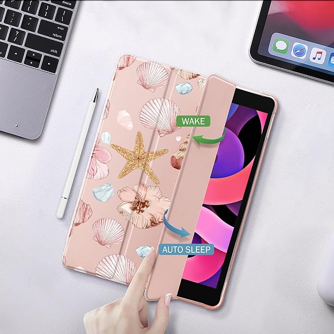 Idocolors Case for iPad 11 inch (A16 Chip) 2025 Generation 11th / iPad 10.9 inch 2022 10th Gen Built-in Pencil Holder with Soft TPU Shockproof Back Shell Auto Wake/Sleep Conch-Pink