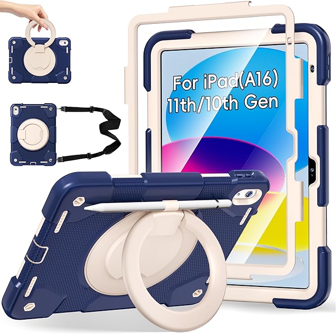 Case for iPad (A16) 11th /10th Generation 11/10.9 Inch 2025/2022 with Screen Protector/360° Rotate Stand/Shoulder Strap/Pencil Holder Shockproof iPad 11th/10th Gen Cover (Navy+White)