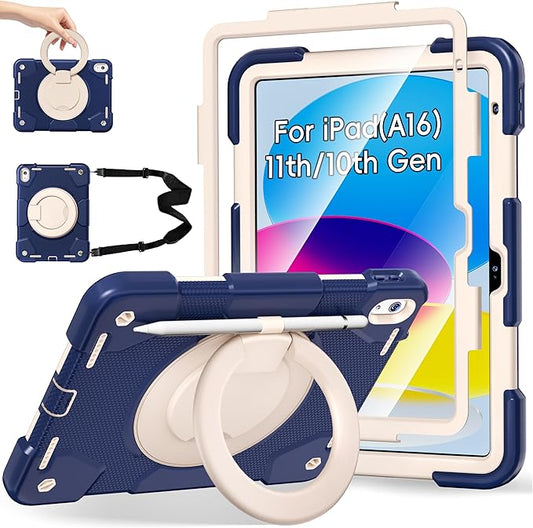 Case for iPad (A16) 11th /10th Generation 11/10.9 Inch 2025/2022 with Screen Protector/360° Rotate Stand/Shoulder Strap/Pencil Holder Shockproof iPad 11th/10th Gen Cover (Navy+White)