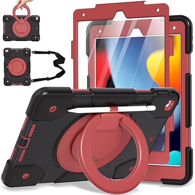 Case for iPad 9th/8th/7th Generation 10.2 inch Shockproof Cover with Screen Protector/360° Rotate Stand/Pencil Holder/Shoulder Strap Kids Case for iPad 2021/2020/2019 (Black+Red)