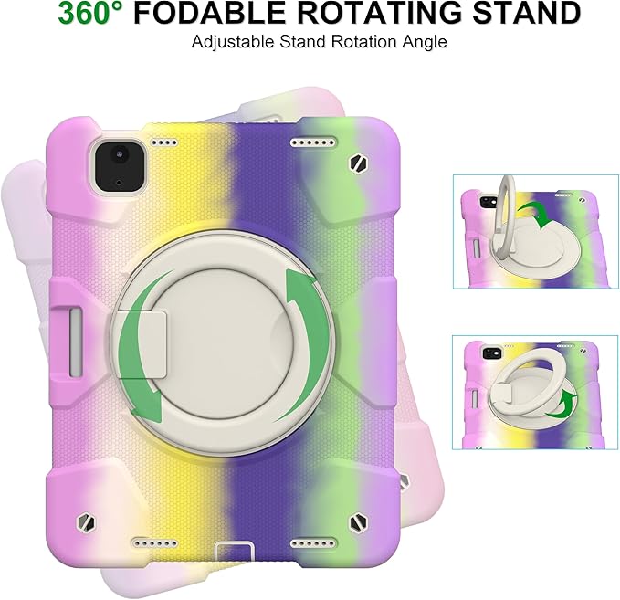 Case for iPad Air 11 inch M3 2025/ M2 2024 (Air 7th/6th Generation) Heavy Duty Shockproof Cover with Screen Protector/360° Rotating Stand/Pencil Holder/Shoulder Strap (Colorful Purple)