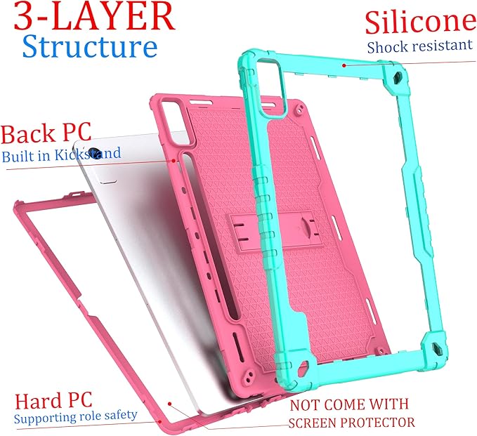 Shockproof Hybrid Kids Case for Lenovo Tab P12/Xiaoxin Pad Pro 12.7 Inches Tablet With Screen Protector (TB370FU/TB371FC) - Green/Pink/2 PCS