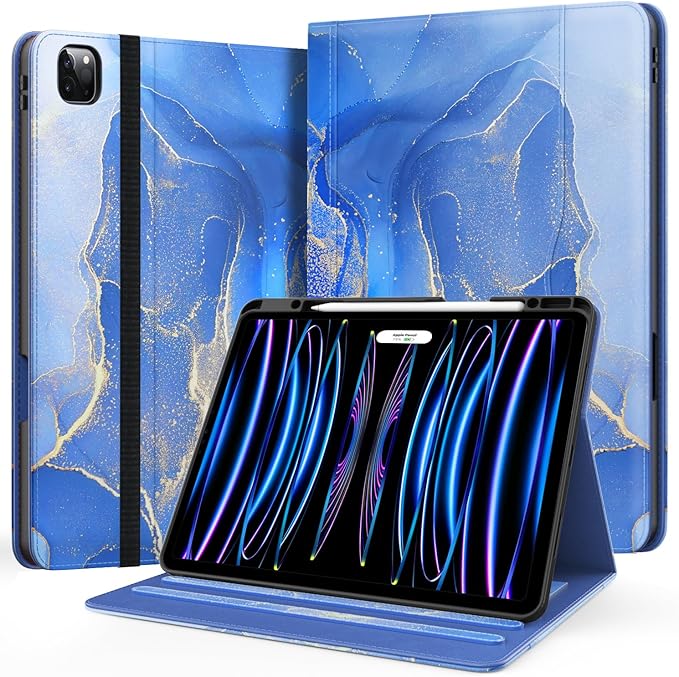 Case for New iPad Pro 12.9 inch 6th/5th/4th/3rd Generation 2022/2021/2020/2018 12.9'' ipad Pro Leather Protective Cover 6/5/4/3 Gen with Pencil Holder Auto Wake/Sleep Marble Gary Blue