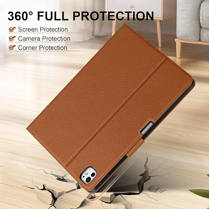 Genuine Leather Case for iPad Pro 11 inch Case (M5) 2025 / (M4) 2024 | with Pencil Holder and Adjustable Stand Magnetic Closure Auto Wake/Sleep Cover | Brown