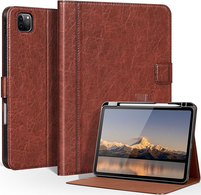Genuine Leather Case for iPad Pro 11 Inch 4th-1st Gen 2022/2021/2020/2018 Premium Folio Cover with Pencil Holder Auto Wake/Sleep Adjustable Stand Wear-Resistant Protective Case-Red Brown