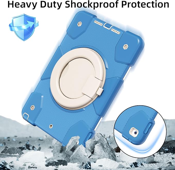 Case for iPad 9th/8th/7th Generation 10.2 inch Shockproof Cover with Screen Protector/360° Rotate Stand/Pencil Holder/Shoulder Strap Kids Case for iPad 2021/2020/2019 (Blue+White)