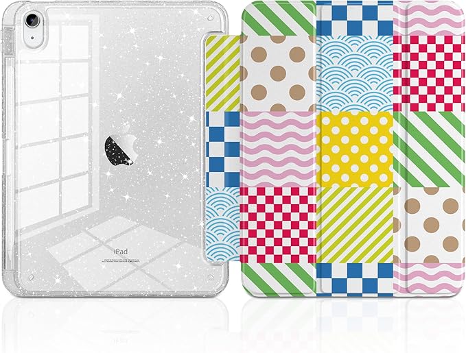 MEEgoodo Case for iPad A16 11th Generation 2025/10th Generation 2022 Glitter Tablet Cases with Transparent Acrylic Back+Trifold Stand +Pencil Holder+Auto Wake/SleepChecked &amp Striped &amp Wave