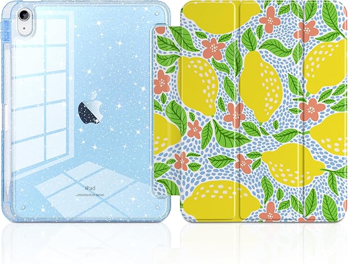 MEEgoodo Case for iPad A16 11th Generation 2025/10th Generation 2022 Glitter Tablet Cases with Transparent Acrylic Back+Trifold Stand +Pencil Holder+Auto Wake/SleepLemon Fruit Pattern