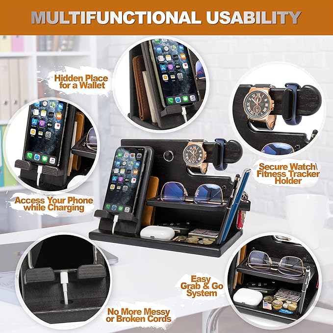 TESLYAR Wood Phone Docking Station for Men - Desk or Nightstand Organizer - Birthday Gifts for Husband Dad - Anniversary Idea from Wife - Key Holder Stand Wallet Watch &amp Essentials (Granite Bla