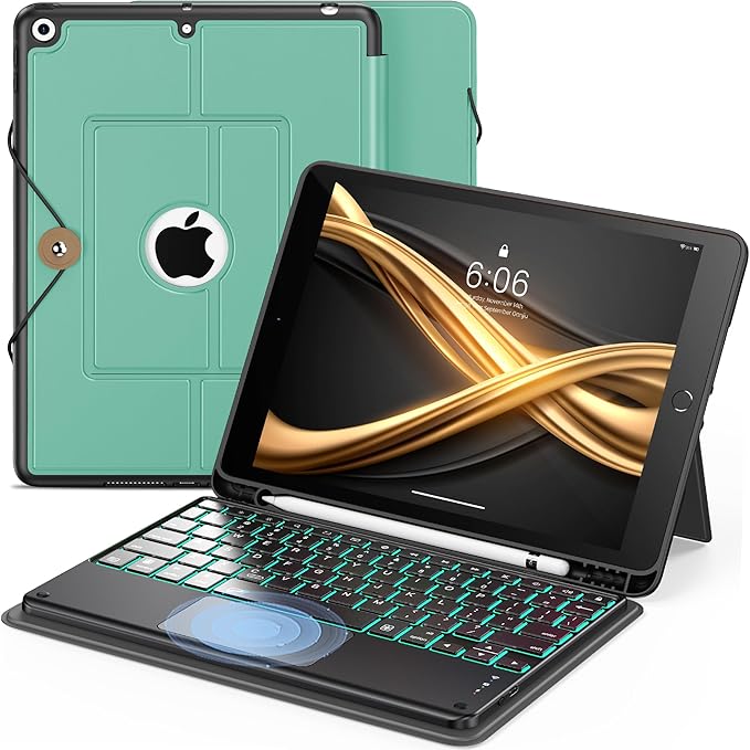 INFILAND Keyboard Case for iPad 9th/8th/7th Generation 10.2 Inch 7-Color Backlight &amp High Precision Trackpad Slim Detachable Folder Style Keyboard Case with Pencil Holder (Mint Green)