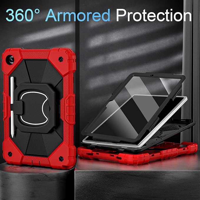 Case for Galaxy Tab A11+ /A9+ Case 11 Inch with Screen Protector/Rotating Stand/Pencil HolderMilitary Grade Shockproof Tablet Case Samsung Galaxy Tab A11 Plus/A9 Plus CoversRed Black