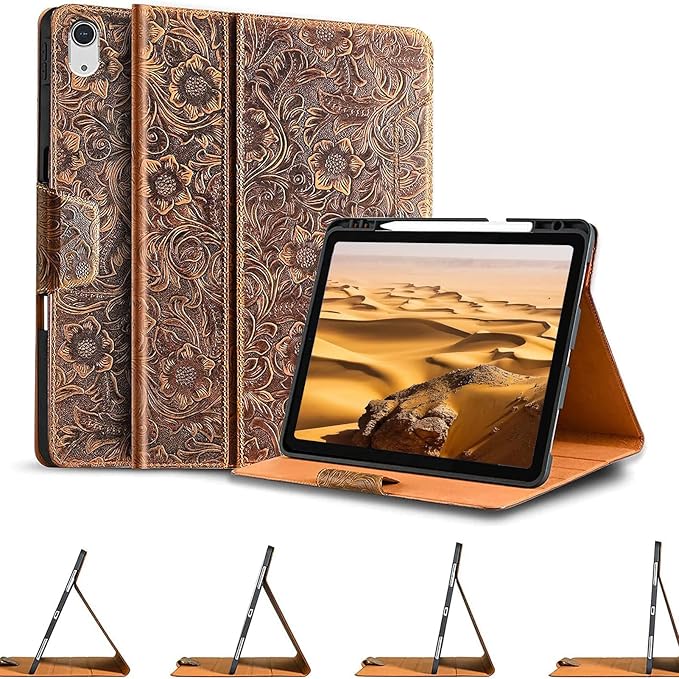 Gexmil Leather Case for iPad (A16) 11th Generation 11 Inch 2025 iPad 10th Generation 10.9 Inch 2022Protective Cover with Pencil HolderMagnetic Closure Auto Sleep/WakeFloral Brown