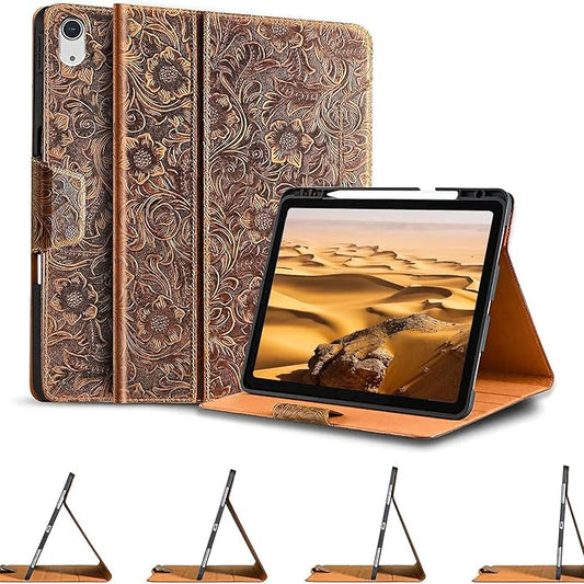 Gexmil Leather Case for iPad (A16) 11th Generation 11 Inch 2025 iPad 10th Generation 10.9 Inch 2022Protective Cover with Pencil HolderMagnetic Closure Auto Sleep/WakeFloral Brown