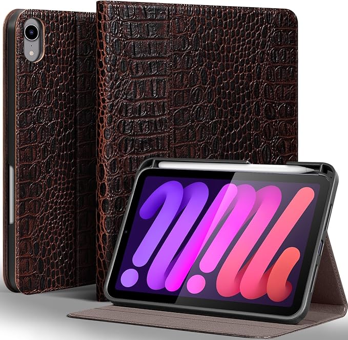 Gexmil Leather Case for iPad mini 7 (A17 Pro) 2024 / iPad mini 6 Generation 2021 8.3 InchPremium Cowhide Cover with Pencil HolderAdjustable Stand Auto Wake/SleepBrown Crocodile