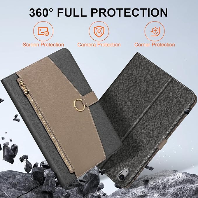 Leather Case for iPad Air 11 M2/M3/M4 (2024-2026) &amp 10.9 4th/5th Gen (2020/2022) with Pocket &amp Buckle Auto Wake/Sleep Shockproof Adjustable StandDark Gray with Gray