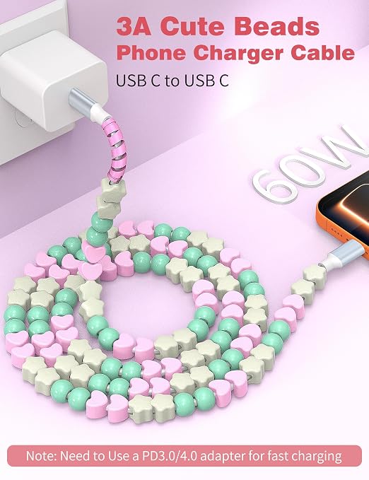 Mint-Pink Star Heart Beaded