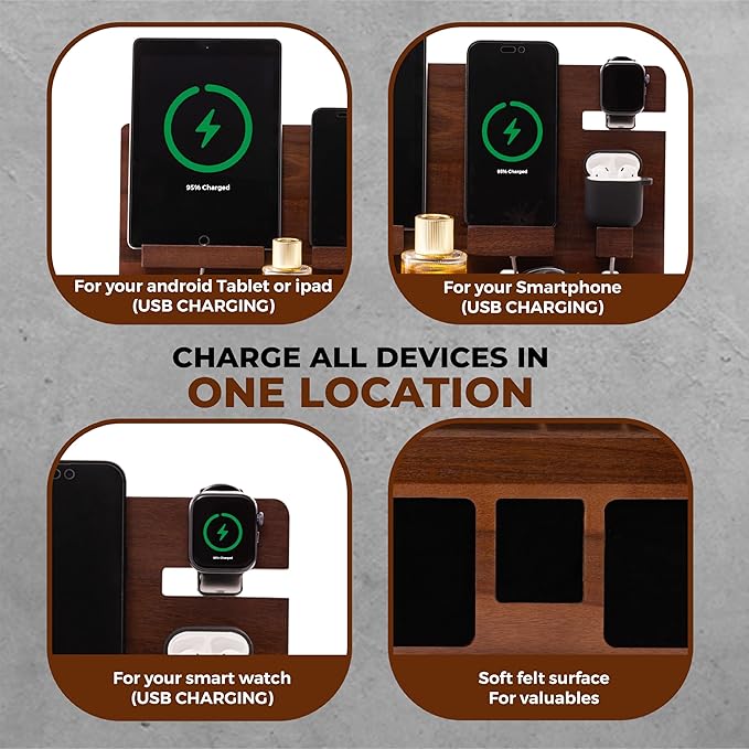 Wooden Nightstand Organizer - Nightstand organizer for men - Phone Key Stand - Mens nightstand organizer with hidden wire grooves - Nightstand Docking Station with felt lining