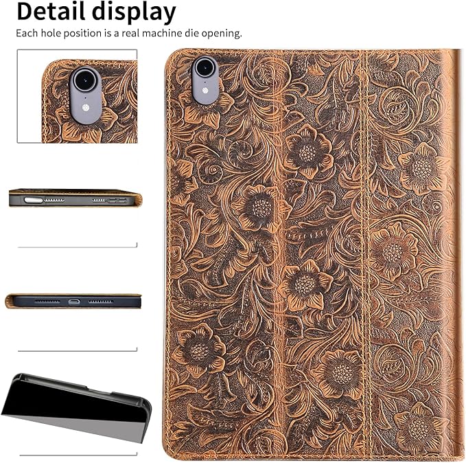 Gexmil Genuine Leather Case for iPad mini 7 (A17 Pro) 2024 / iPad mini 6 Generation 2021 8.3 InchPencil HolderProtctive Shockproof Cowhide CoverAuto Sleep/WakePencil 2 Wireless Charging Brown