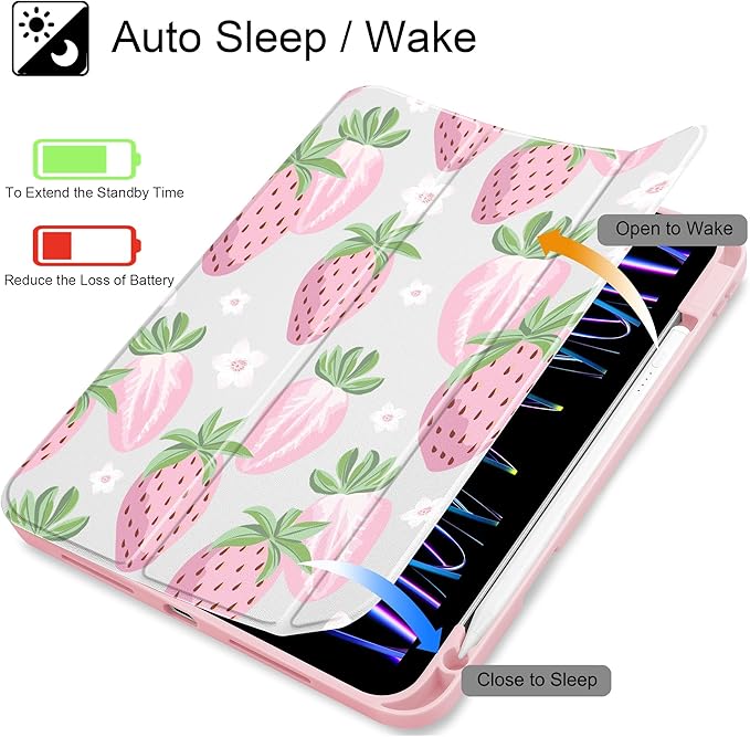 May Chen for iPad Pro 11 inch M2 4th Generation 2022 iPad Pro 11 3rd/2nd/1st Gen Built-in Pencil Holder with Shockproof Cover Clear Transparent Back Shell Auto Wake/Sleep Strawberries