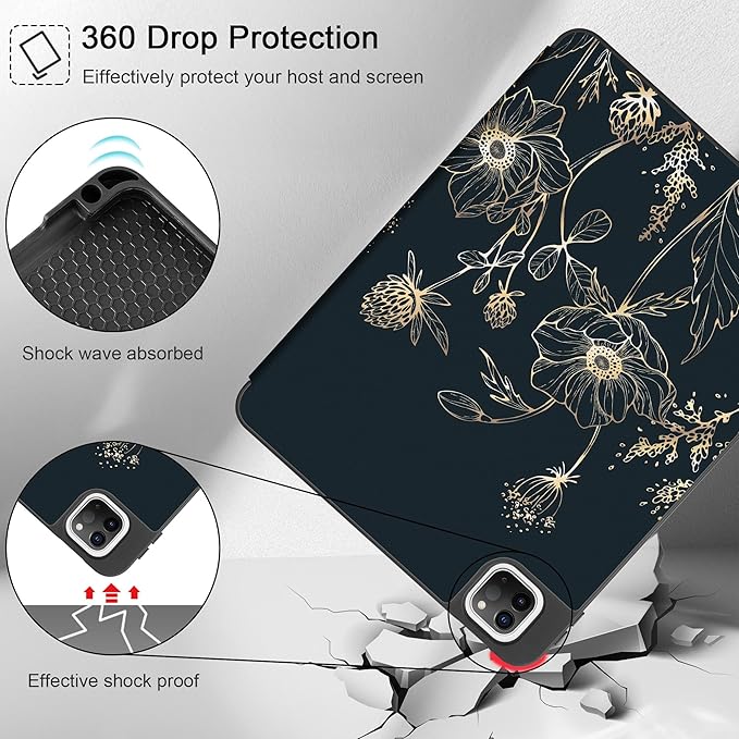 May Chen Case for iPad Pro 11 inch (4th 3rd 2nd &amp 1st Gen) 2022 2021 2020 2018 Trifold Stand + Pencil Holder + Auto Wake/Sleep + Soft TPU Protective Stand Back Cover Abstract Floral