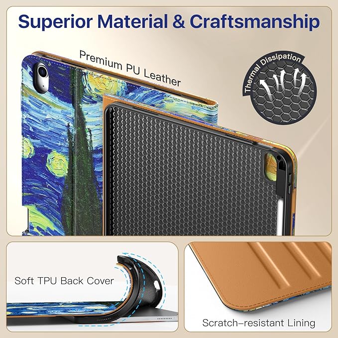 MoKo Case for iPad Air 13-inch (M4) 2026 / (M3) 2025 / (M2) 2024 with Pencil Holder &amp Hand Strap &amp Pocket Premium Leather Folio Stand Cover Multiple Viewing Angles Starry Night