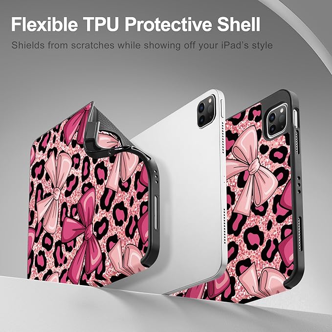 May Chen Case for iPad Pro 11 inch (4th 3rd 2nd &amp 1st Gen) 2022 2021 2020 2018Trifold Stand with Auto Wake/Sleep Soft TPU Protective Stand Back Cover Leopard Print Bow