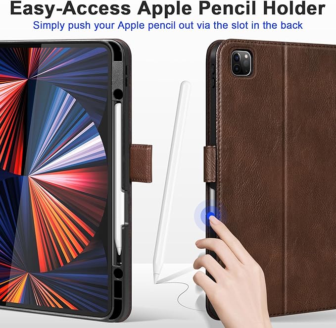 Genuine Leather Case for iPad Pro 12.9 Inch Folio Cover with Pencil Holder Auto Wake/Sleep &amp Adjustable Stand for 6th/5th/4th/3rd Generation (2022-2018) - Vintage Dark Brown