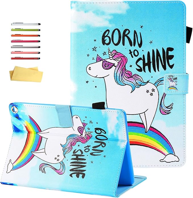Kindle Fire HD 10 Tablet Case 9th and 7th Generation with Pencil Cards Holder UUcovers Smart Folio Stand Synthetic Leather Cover [Auto Wake/Sleep] for Amazon Fire HD 10.1 Inch 2019/2017 Blue Horse