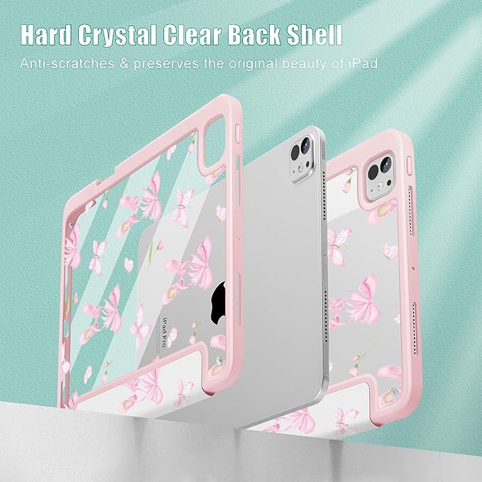 May Chen Case for iPad Pro 11-Inch M5/M4 2025/2024 (6th/5th Generation) [Penceil Holder] Trifold Stand Auto Wake/Sleep Clear TPU Protection Back Cover Ballet Shoes