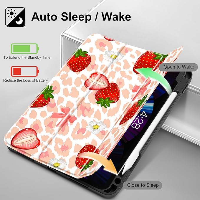May Chen Case for iPad Pro 11 inch (4th 3rd 2nd &amp 1st Gen) 2022 2021 2020 2018Trifold Stand with Auto Wake/Sleep Soft TPU Protective Stand Back Cover Leopard Print Strawberry