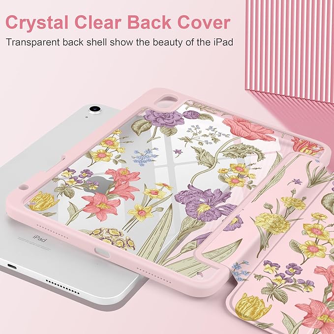 DONGKE Case for iPad (A16) 11th Generation 11 inch 2025 &amp iPad 10th Gen 10.9 inch 2022 [Built-in Pencil Holder] Clear Acrylic Back Trifold Stand Smart Cover Auto Sleep/Wake Pink Botanical Flora