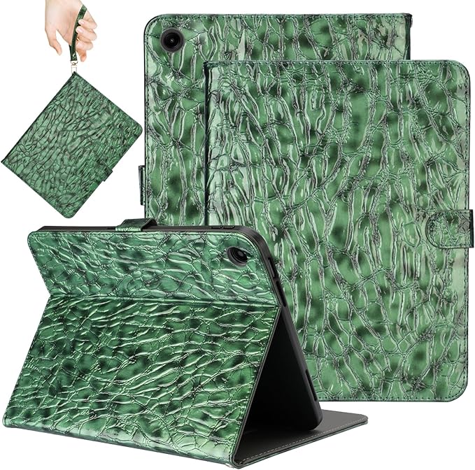 Elegant Case for Samsung Galaxy Tab A9 Plus 11 Inch 2023（Model: SM-X210/X216/X218） Premium Leather Crocodile Cover | Stand | Card Pockets| Wrist Strap for Women Girls(Blackish Green)