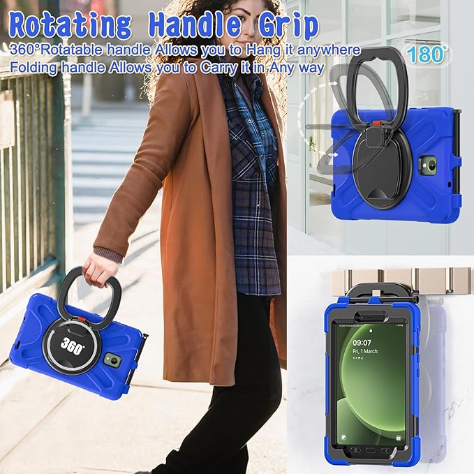 Rugged Case for Samsung Galaxy Tab Active5 5G (SM-X306B/X300) w/ 360° Rotating Hanging Ring Handle Grip Kickstand Heavy Duty Shock-Proof Armor Cover w/Shoulder Strap Stylus Holder (Blue)