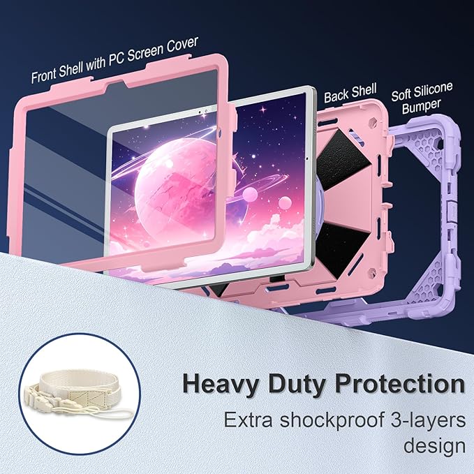 for Galaxy Tab A11+ Plus/A9+ Case 11” Rugged Case for Samsung Galaxy A11 Plus/ A9 Plus Tablet with 360 Rotating Stand Screen Protector Shoulder Strap Pen Holder 2025/2023 Model Purple Rose