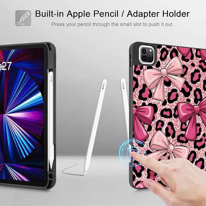 May Chen Case for iPad Pro 11 inch (4th 3rd 2nd &amp 1st Gen) 2022 2021 2020 2018Trifold Stand with Auto Wake/Sleep Soft TPU Protective Stand Back Cover Leopard Print Bow