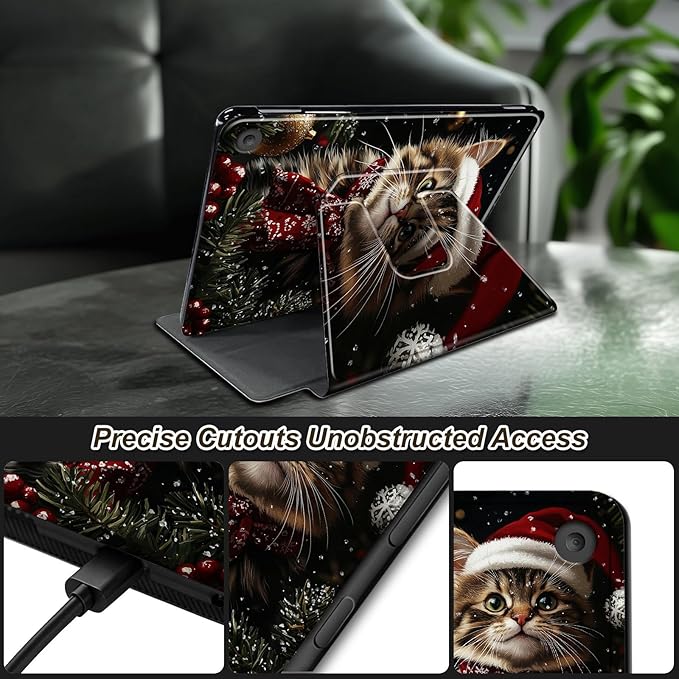 Case for Kindle Fire HD 8 &amp 8 Plus Tablet(12th/10th Gen 2024/2022/2020) 360 Degree Rotating Swivel Stand Flip Cover with Auto Sleep/Wake Christmas Cat