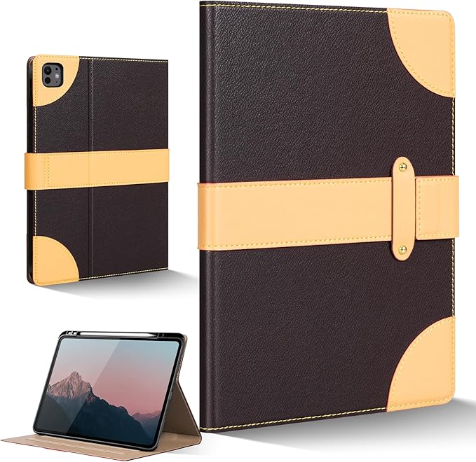 iPad Case for iPad Pro 13 Inch (M5/M4) 2025/2024Leather Folio Cover with Pencil HolderAuto Wake/Sleep Adjustable StandMagnetic Buckle Closure Protection Case-Single Strap Dark Brown