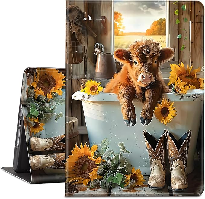 Case for Amazon Kindle Fire HD 10 and Fire HD 10 Plus 10.1 Tablet Case (13th/11th Generation 2023/2021 Release) Slim Fit PU Leather Cover with Auto Sleep/Wake - Sunflower Highland Cow