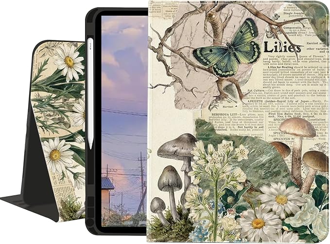 Cute Case for iPad mini 7th(A17 Pro) 2024 / Mini 6th Gen 8.3 2021Botanical Collage Textured Folio Case with Pencil Holder Multi-Angle View Adjustable Stand Auto Wake/Sleep for Women