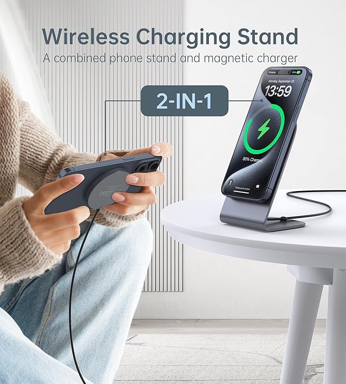 Magnetic Wireless Charger for iPhone 17/16/15/14/13/12 - Mag Charger+20W USB C Adapter Fast Wireless Charging Stand/Pad with 5ft Cable for iPhone 17/16/15/14/13/12 Pro Max Plus Mini 17 AirGray
